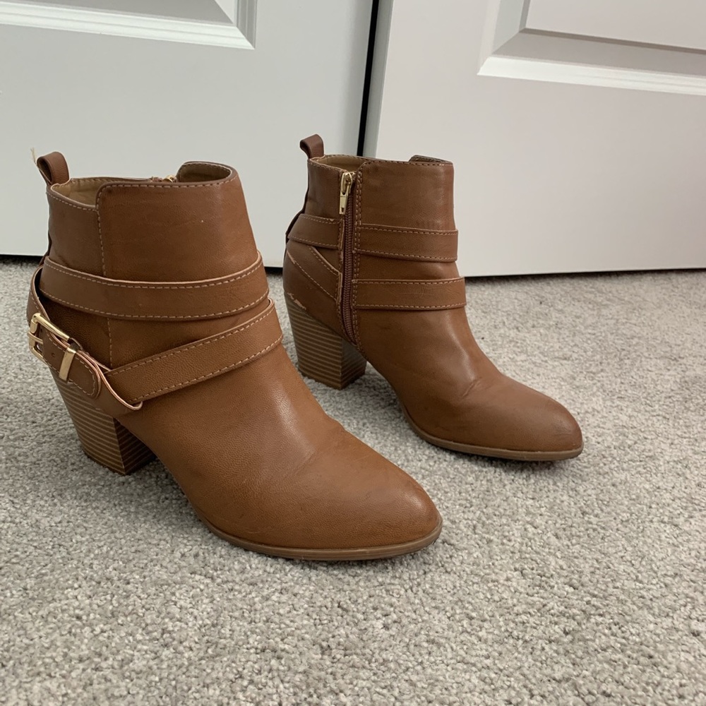 Brown leather buckle booties